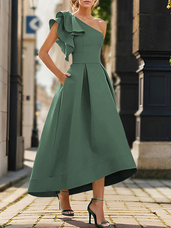 ティールブライダルマザードレス ワンショルダー ノースリーブ プリーツ アンクル丈 Aライン ウェディングゲストドレス