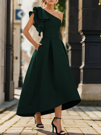 ダークグリーンブライダルマザードレス ワンショルダー ノースリーブ プリーツ アンクル丈 Aライン ウェディングゲストドレス