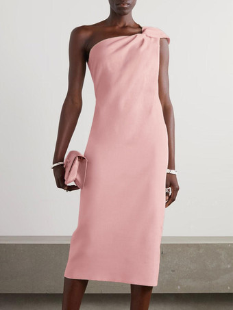 ソフトピンクホワイトブライダルマザードレスワンショルダーノースリーブショートプリーツゲストドレス結婚式用無料カスタマイズ