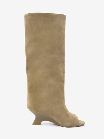 スエードニーハイブーツ ピープトゥデザインヒールブーツ
