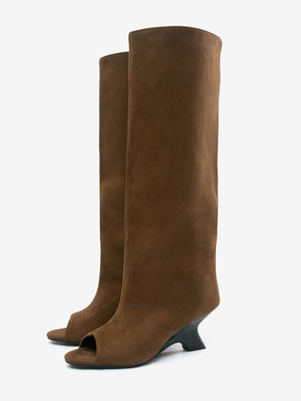 スエードニーハイブーツ ピープトゥデザインヒールブーツ