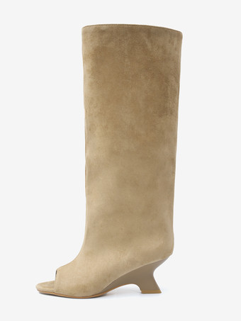 スエードニーハイブーツ ピープトゥデザインヒールブーツ