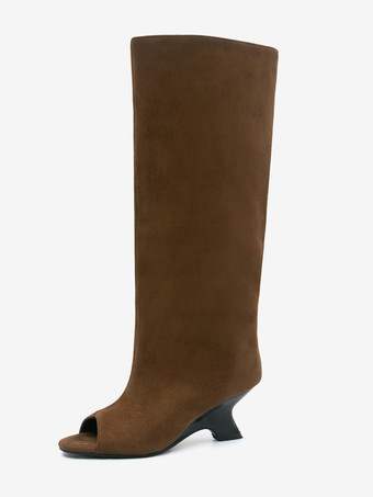 ブラウン スエードニーハイブーツ ピープトゥデザインヒールブーツ
