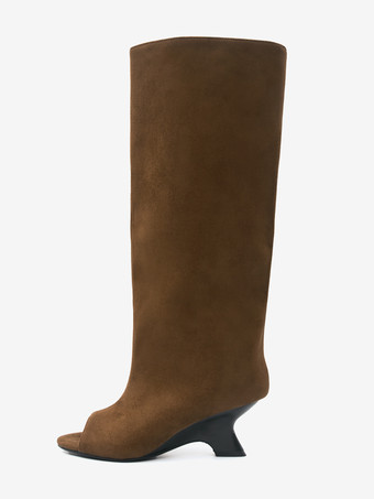 スエードニーハイブーツ ピープトゥデザインヒールブーツ