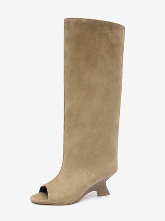スエードニーハイブーツ ピープトゥデザインヒールブーツ