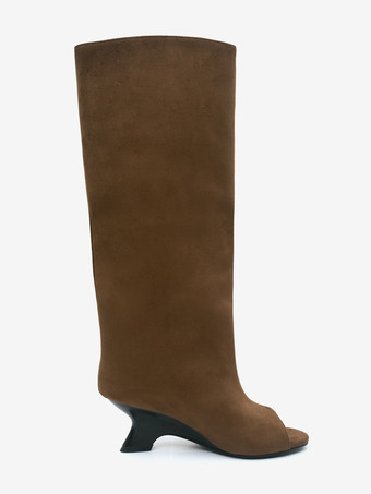 スエードニーハイブーツ ピープトゥデザインヒールブーツ