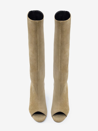 スエードニーハイブーツ ピープトゥデザインヒールブーツ