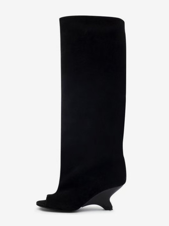 スエードニーハイブーツ ピープトゥデザインヒールブーツ