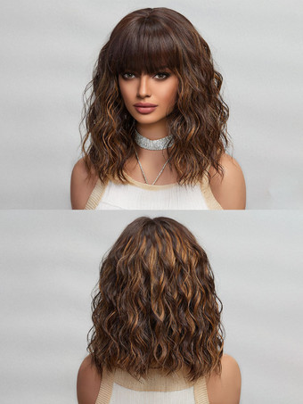 ミディアムカーリーヘアウィッグ、ストレートバング、フルヘッド合成毛、女性用 2025