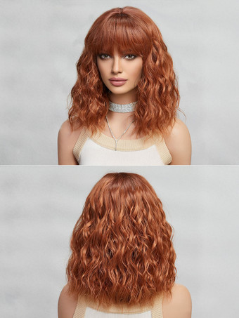 ミディアムカーリーヘアウィッグ、ストレートバング、フルヘッド合成毛、女性用 2025