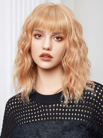 ゴールド ミディアムカーリーヘアウィッグ、ストレートバング、フルヘッド合成毛、女性用 2025