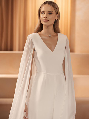 ブライダルジャンプスーツ シフォン 床長さのジャンプスーツ Vネック ノースリーブ ナチュラルウエスト アイボリー