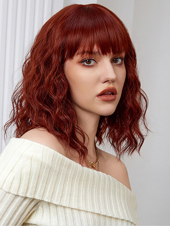 レッド ミディアムカーリーヘアウィッグ、ストレートバング、フルヘッド合成毛、女性用 2025