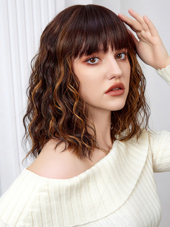 ブラウン ミディアムカーリーヘアウィッグ、ストレートバング、フルヘッド合成毛、女性用 2025