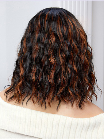 ミディアムカーリーヘアウィッグ、ストレートバング、フルヘッド合成毛、女性用 2025