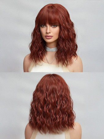 ミディアムカーリーヘアウィッグ、ストレートバング、フルヘッド合成毛、女性用 2025