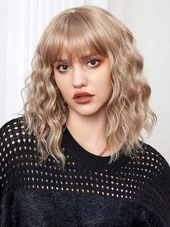 シャンパンカラーミディアムカーリーヘアウィッグ、ストレートバング、フルヘッド合成毛、女性用 2025