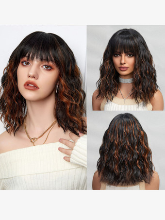 ミディアムカーリーヘアウィッグ、ストレートバング、フルヘッド合成毛、女性用 2025