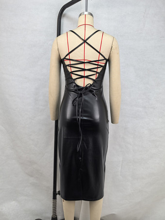 黒のスパゲッティストラップのフェイクレザーミディドレス、夜のお出かけにセクシーなクラブウェア、女性用 2025