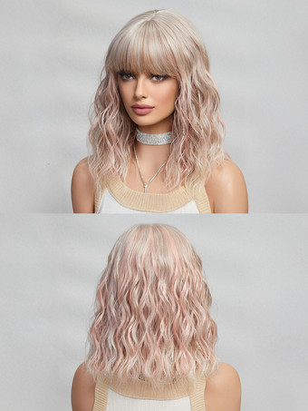 ミディアムカーリーヘアウィッグ、ストレートバング、フルヘッド合成毛、女性用 2025