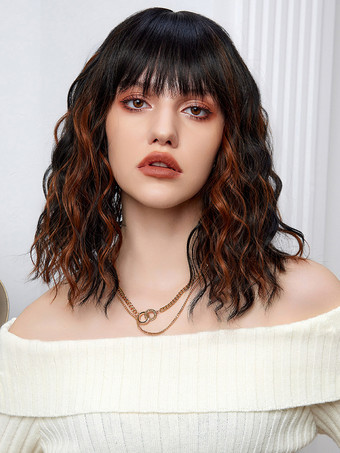 ディープブラウンミディアムカーリーヘアウィッグ、ストレートバング、フルヘッド合成毛、女性用 2025