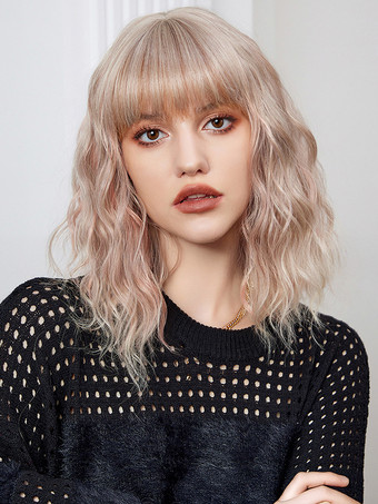 ピンク ミディアムカーリーヘアウィッグ、ストレートバング、フルヘッド合成毛、女性用 2025