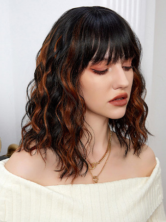 ミディアムカーリーヘアウィッグ、ストレートバング、フルヘッド合成毛、女性用 2025