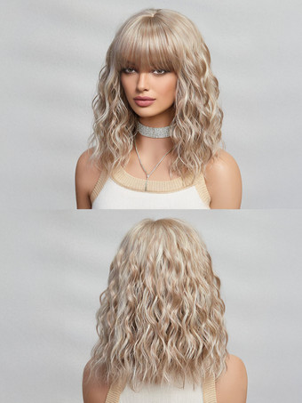 ミディアムカーリーヘアウィッグ、ストレートバング、フルヘッド合成毛、女性用 2025