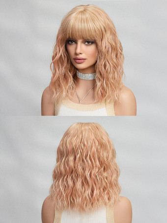 ミディアムカーリーヘアウィッグ、ストレートバング、フルヘッド合成毛、女性用 2025