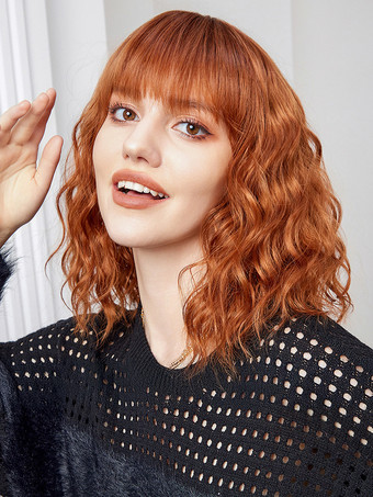 ミディアムカーリーヘアウィッグ、ストレートバング、フルヘッド合成毛、女性用 2025