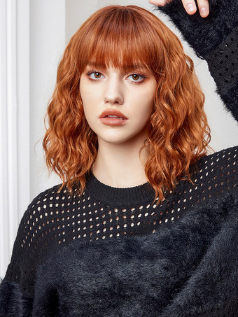 オレンジ ミディアムカーリーヘアウィッグ、ストレートバング、フルヘッド合成毛、女性用 2025