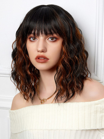 ミディアムカーリーヘアウィッグ、ストレートバング、フルヘッド合成毛、女性用 2025