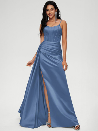 スチールブルーブライズメイドドレス ボールガウン フロアレングス ジッパー 伸縮性 織り サテン ウェディング パーティードレス