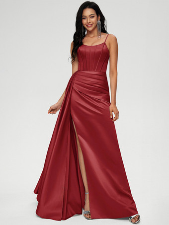 エンバーレッドブライズメイドドレス ボールガウン フロアレングス ジッパー 伸縮性 織り サテン ウェディング パーティードレス