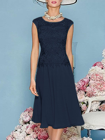 ダークネイビーマザードレス ジュエルネック 七分袖 ティー丈 Aライン ゲストドレス 結婚式用