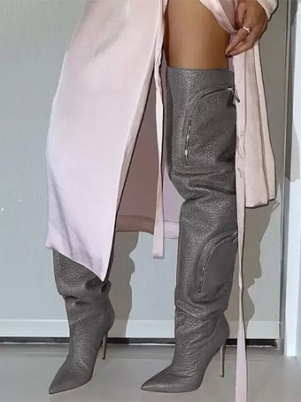 グレイセクシーなオーバーニーブーツ、女性用ポインテッドトゥポケットデザインサイハイブーツ