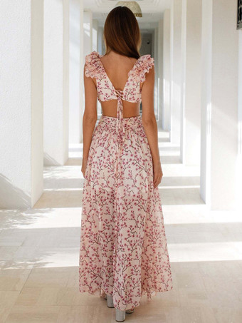 流れるようなフラワードレス プランジ ハイスリット バックレス マキシ ボヘミアン ドレス