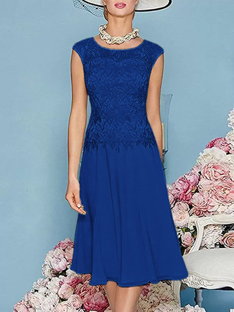 ロイヤルブルーマザードレス ジュエルネック 七分袖 ティー丈 Aライン ゲストドレス 結婚式用