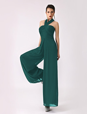 ブルーグリーンブライズメイドドレス Aライン フォーマルドレス ノースリーブ オールインワン ブラック シフォン 結婚式 お呼ばれ 二次会 特別なネックライン マキシ丈 演奏会 バックレス ウェディングパーティードレス ウェディング