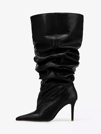 ブラック レッド ミッドカーフブーツ レディース ポインテッドトゥ スティレットヒール スラウチブーツ