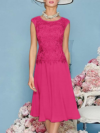 ローズレッドマザードレス ジュエルネック 七分袖 ティー丈 Aライン ゲストドレス 結婚式用