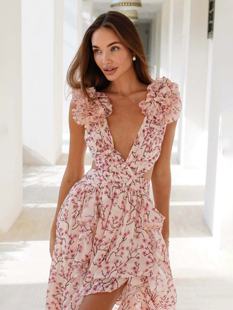 流れるようなフラワードレス プランジ ハイスリット バックレス マキシ ボヘミアン ドレス