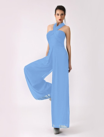 ベビーブルーブライズメイドドレス Aライン フォーマルドレス ノースリーブ オールインワン ブラック シフォン 結婚式 お呼ばれ 二次会 特別なネックライン マキシ丈 演奏会 バックレス ウェディングパーティードレス ウェディング