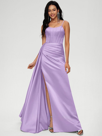 ライラックブライズメイドドレス ボールガウン フロアレングス ジッパー 伸縮性 織り サテン ウェディング パーティードレス