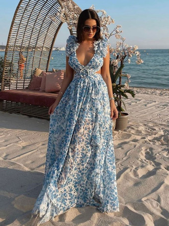 流れるようなフラワードレス プランジ ハイスリット バックレス マキシ ボヘミアン ドレス