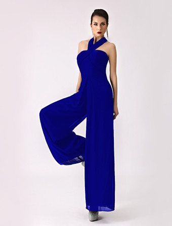 ロイヤルブルーブライズメイドドレス Aライン フォーマルドレス ノースリーブ オールインワン ブラック シフォン 結婚式 お呼ばれ 二次会 特別なネックライン マキシ丈 演奏会 バックレス ウェディングパーティードレス ウェディング