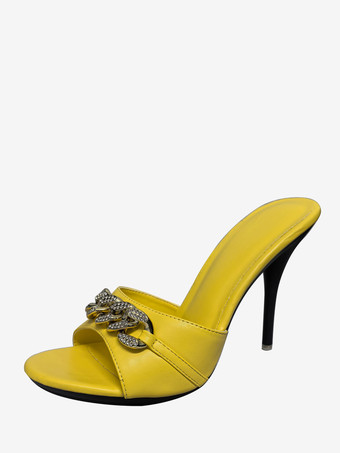 イエロー女性用スライドサンダルシックなラインストーンPUレザーオープントゥスティレットヒールスリッパ