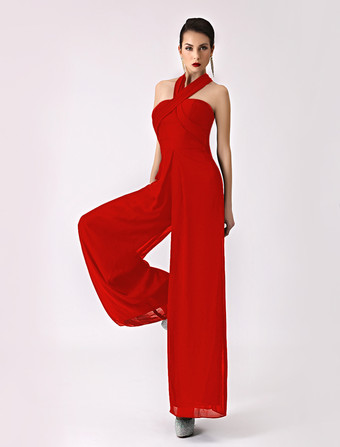 レッドブライズメイドドレス Aライン フォーマルドレス ノースリーブ オールインワン ブラック シフォン 結婚式 お呼ばれ 二次会 特別なネックライン マキシ丈 演奏会 バックレス ウェディングパーティードレス ウェディング