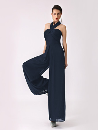 ダークネイビーブライズメイドドレス Aライン フォーマルドレス ノースリーブ オールインワン ブラック シフォン 結婚式 お呼ばれ 二次会 特別なネックライン マキシ丈 演奏会 バックレス ウェディングパーティードレス ウェディング