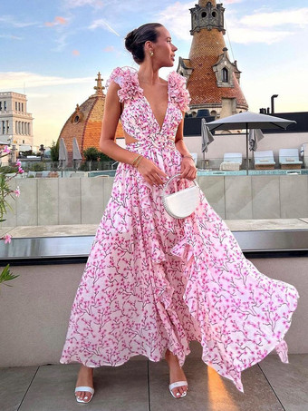 流れるようなフラワードレス プランジ ハイスリット バックレス マキシ ボヘミアン ドレス